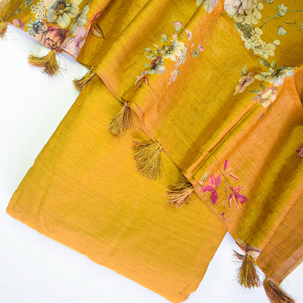 Mustard yellow plain munga silk unstitched kurta, bottom with printed dupatta set